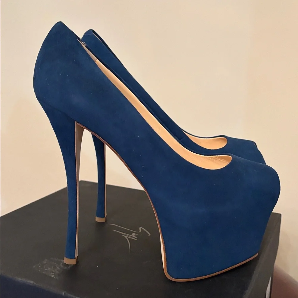 Giuseppe Zanotti Suede Leather Blue Stiletto Liza 90 Open Toe Platform Pump 7.5